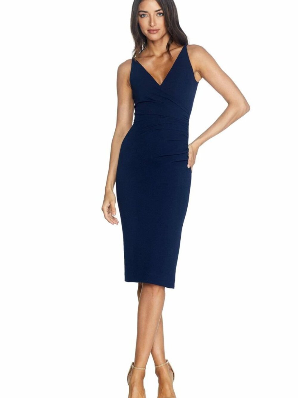 Dress the Population Anita dress navy blue tank ruched crepe cocktail new Small